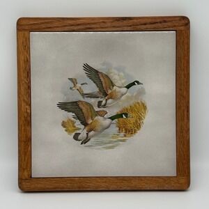 Vintage Canada Geese Ceramic Tile Oak Framed Kitchen Trivet Hot Plate 9.5"